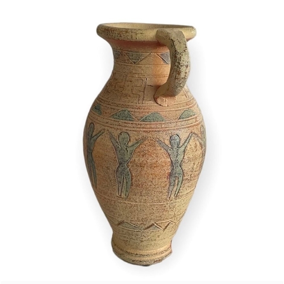 Vintage Double-Handled Rustic Terracotta Jug Vessel with People Etching Design - Picture 3 of 8